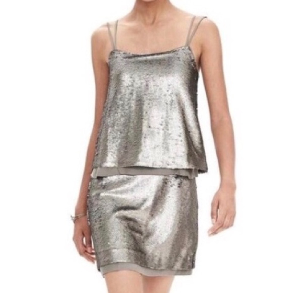 Banana Republic Dress -NEW- Silver Sequins Sz 2P 2 XS $200 Retail New w/Tags
